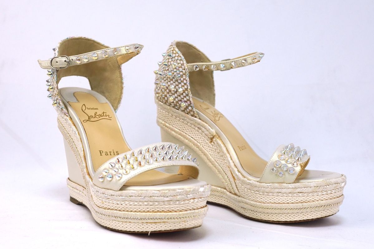 Christian Louboutin クリスチャンルブタン ヒールサンダル マドモニカ ウェッジソール クリスタル スタッズ オーロラ 36サイズ 約23cm
