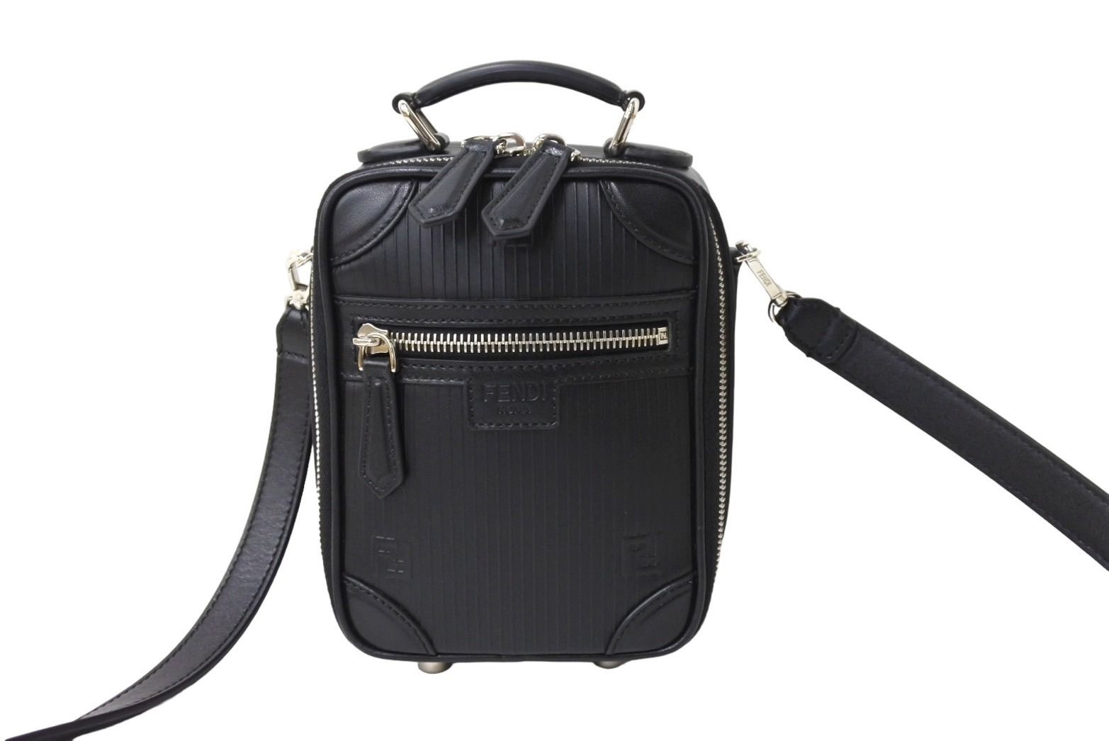 極美品 FENDI フェンディ ショルダーバッグ ポシェット 7VA542  2WAY レザー シルバー金具 ブラック 中古 66801