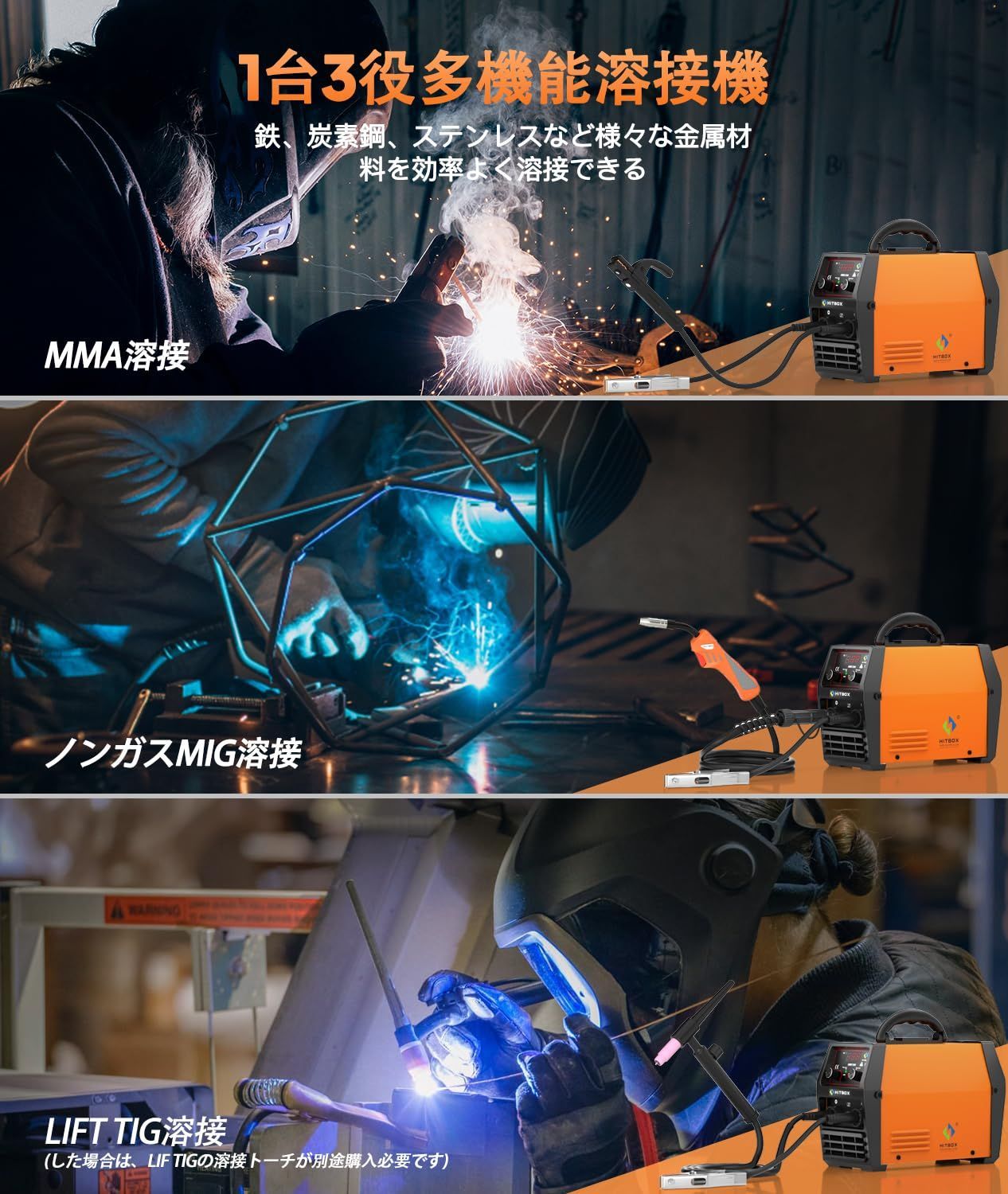 HITBOX MIG 溶接機 堅い 100V ノンガス 120A 100V&200V