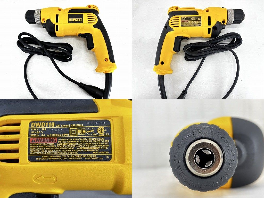 s25t-0759y DeWALT DEWALT デウォルト ドライバードリル 電動ドリル ドライバードリル キーレスチャック コード式 8.0アンペア 3 8インチ DWD110