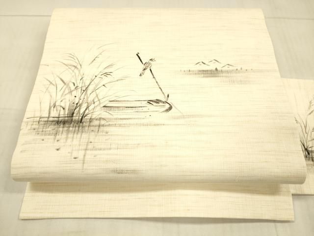 平和屋着物＊夏物 九寸名古屋帯 手描き 流水草葉文 鳥 正絹 DAAX0286cm