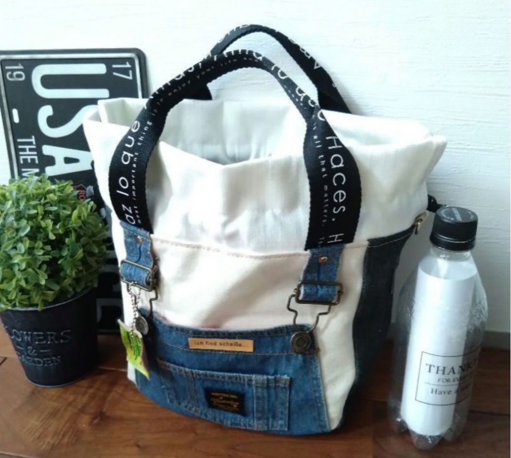 デニムリメイクバッグ　巾着　トートバッグ　オーバーオール №664【overallDENIM✖️ハンプ 巾着ToteBag】デニムリメイク