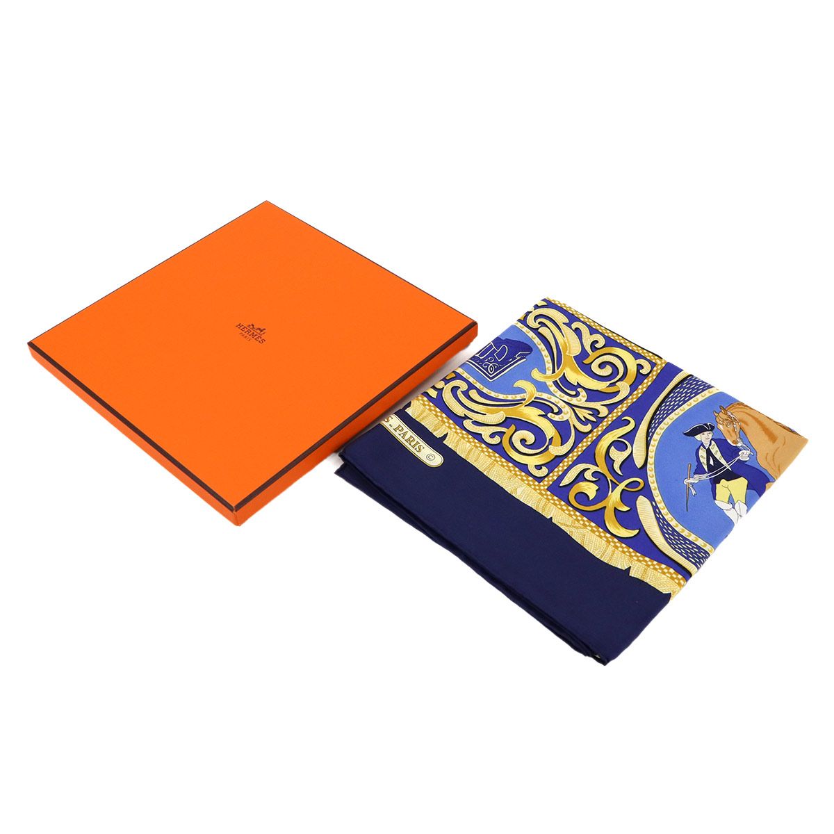 エルメス HERMES カレ 90 大判 スカーフ La Presentation 騎士 馬 シルク ネイビー イエロー Carre Scarf 90289111
