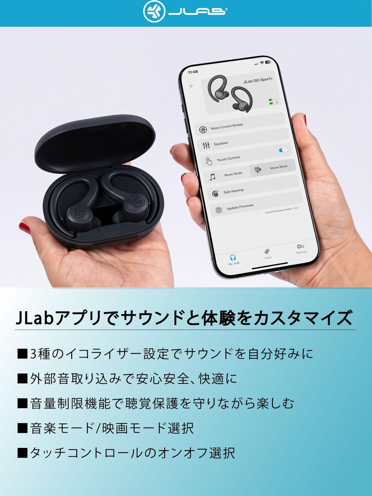  JLab Go Sport ワイヤレスイヤホン ランニング スポーツ アウトドア ジム イヤホン Bluetooth 耳掛け 防水 落ちにくい ランニングイヤホン 外部音取り込み マイク付き iPhone Android 片耳 合計35時間 長時間再生 ワイヤレスヘッドホン ヘッドホン