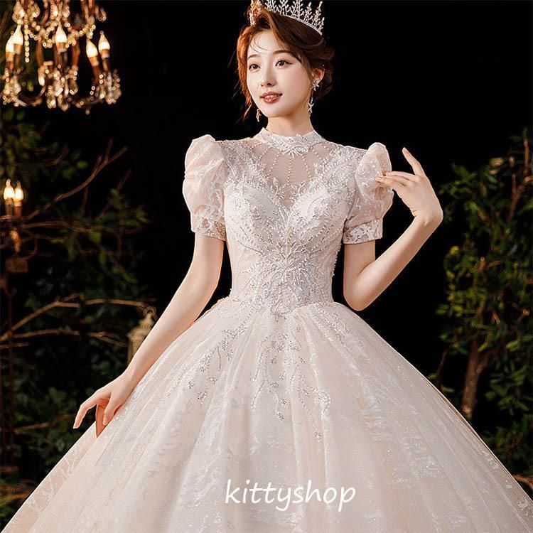 ウェディングドレス パフスリーブ 立ち襟 結婚式ドレス 花嫁ドレス プリンセスドレス 袖あり 半袖 ビーズ エレガント トレーンドレス qk7A894
