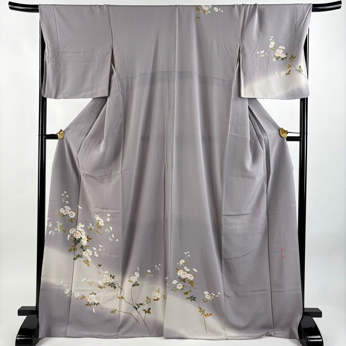 訪問着 身丈169.5cm 裄丈68cm L 袷 百貫達雄 落款 枝花 霞 ぼかし 薄紫 正絹 名品