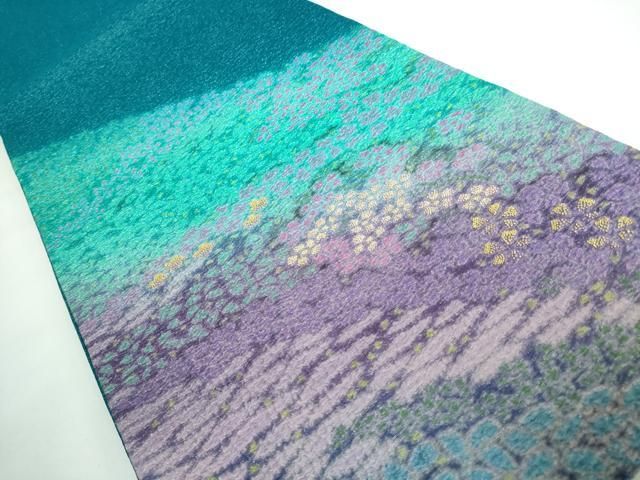 平和屋本店□極上 十日町 名門 滝泰謹製 太鼓柄袋帯 風景花文 おぼろ染  