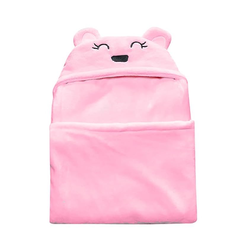 Momo no Hana おくるみ アフガン ぼうし付き クマ 出産祝い 新生児 冷房対策 軽い お昼寝 ピンク 90cm×80cm (ピンク) 1