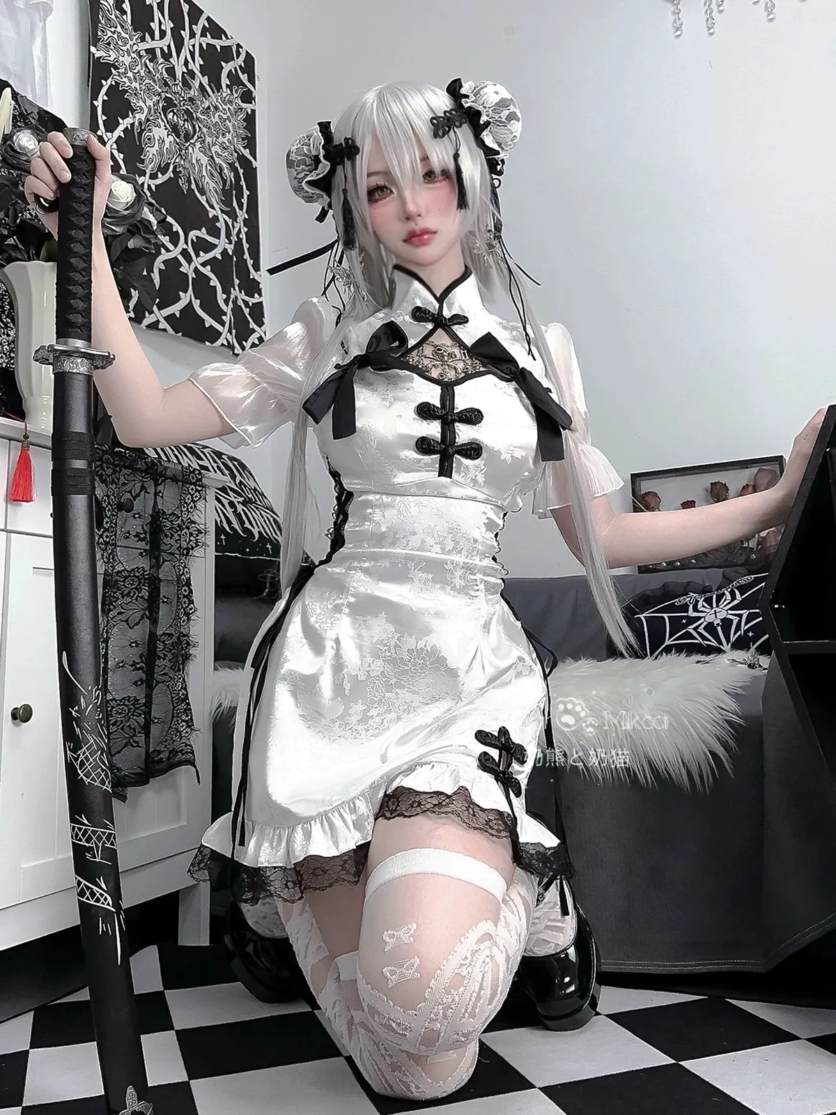 ホワイト ブラック チャイナ風 ロリィタ メイド セットアップ 地雷系