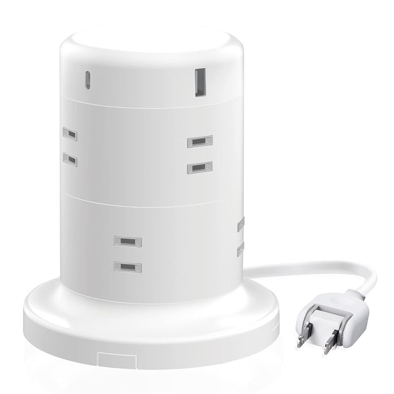 エレコム 電源タップ タワー型 延長コード [ 8個口 u0026 USB-C×2ポート USB×3ポート ] USB PD 45W 固定パーツ付 雷ガード ほこりシャッター 2ｍ ホワイト ECT-2120WH 1