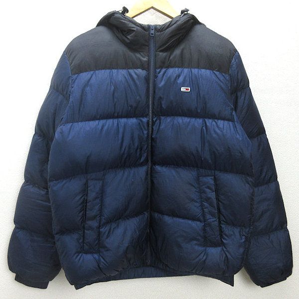 H□トミージーンズ/TOMMY JEANS フード付き ダウンジャケット【M】紺 