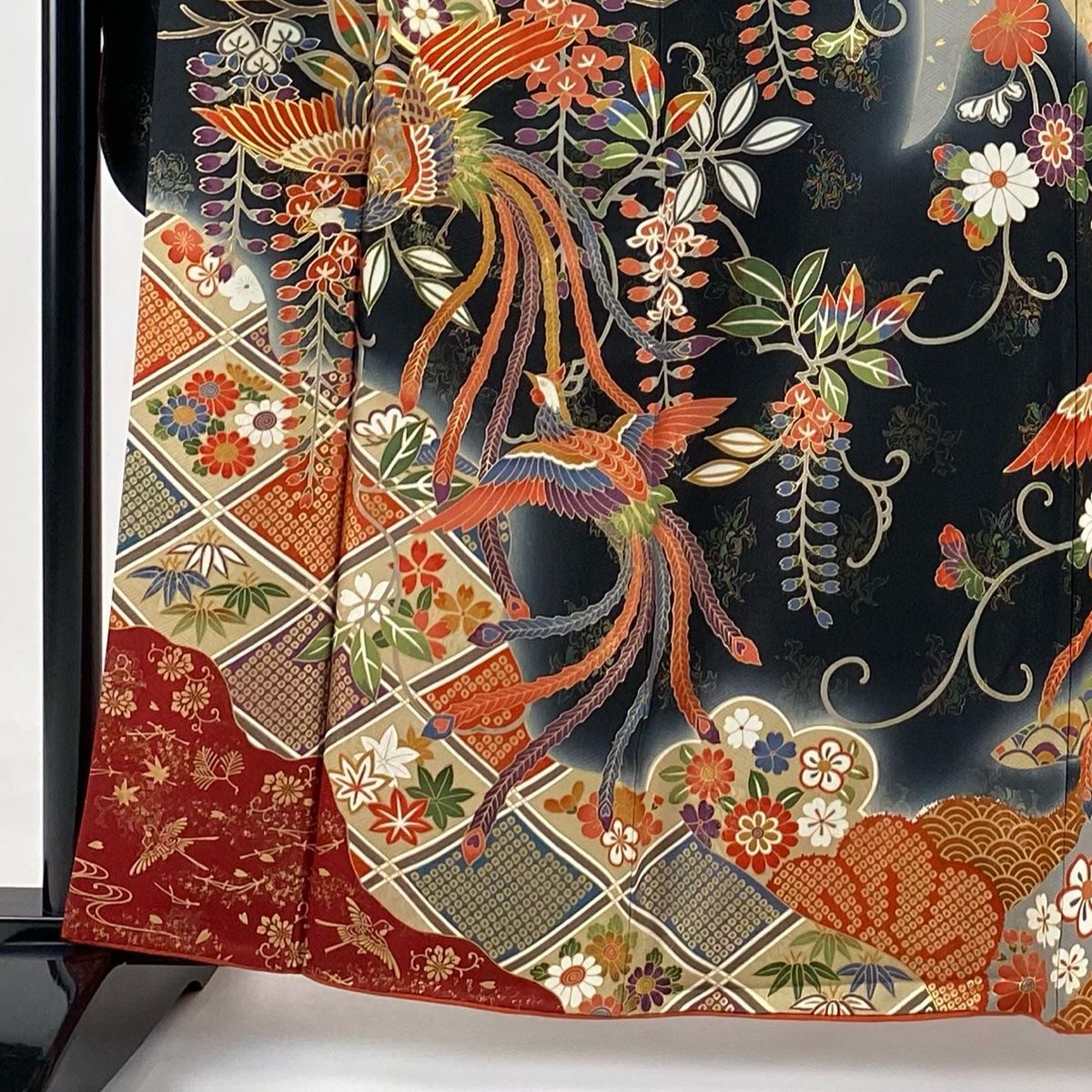 振袖 身丈162cm 裄丈67cm M 袷 鳳凰 笠松 金通し 金糸 黒 正絹