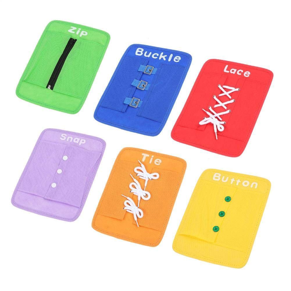 6pcs ちょうちょ結び おもちゃ ボタン 靴紐結び ジッパー バックル スナップボタン レース 学ぶ 勉強 指先 動かす ライフスキル 知育玩具 学習ボード 不織布+板紙 玩具