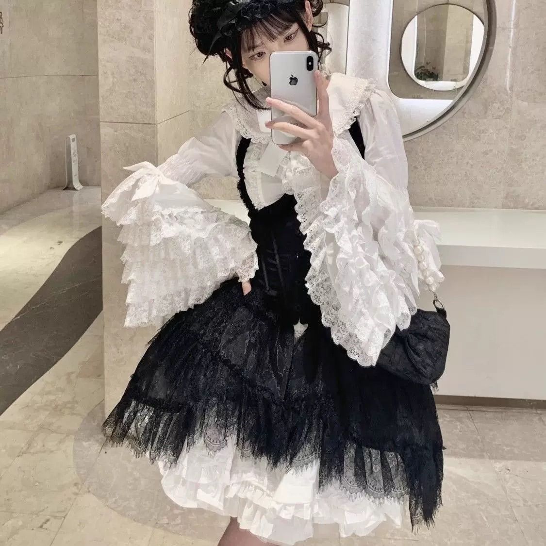 姫袖ブラウス フリルレース ロリータ ブラウス ホワイトシャツ