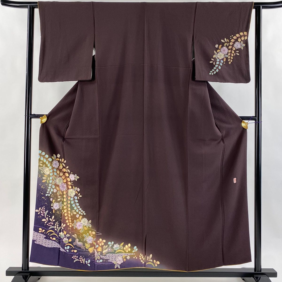 付下げ 身丈155cm 裄丈61cm S 袷 翠山工房 やまと 落款 辻が花 金彩 ぼかし 茶紫 正絹 名品