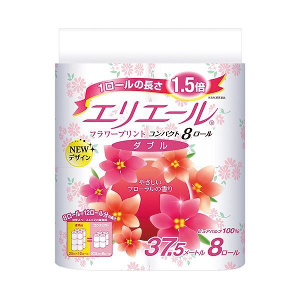 まとめ 大王製紙 エリエールトイレットティシュー フラワープリント コンパクト ダブル 芯あり 37.5m 1パック 8ロール ×10セット