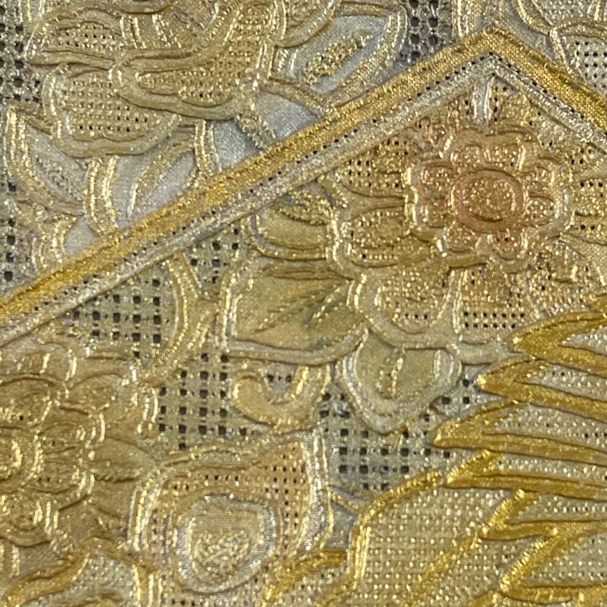 袋帯 名品 関西仕立て 鳳凰 草花 金銀彩 刺繍 ベージュ お太鼓柄