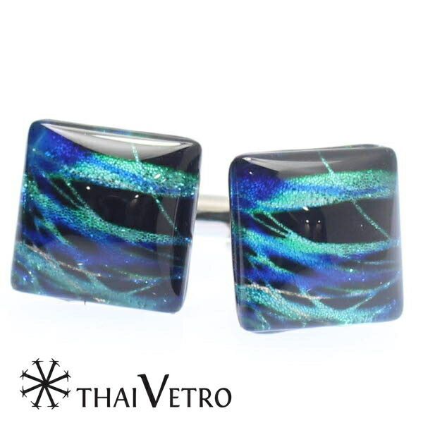 ThaiVetro ブラックライト 波デザイン ブルーのガラス製カフス カフスボタン カフリンクス スーツアクセサリー専門店 誕生日 プレゼント プチギフト おしゃれ カフスマニア