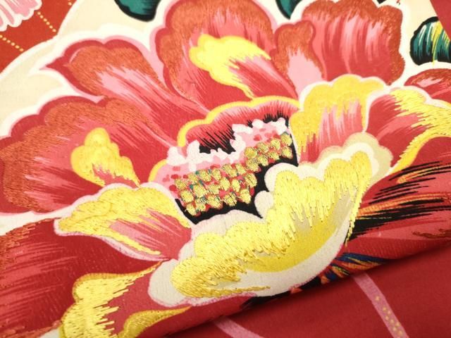 平和屋着物○アンティーク 大正ロマン 九寸名古屋帯 刺繍 扇面花文