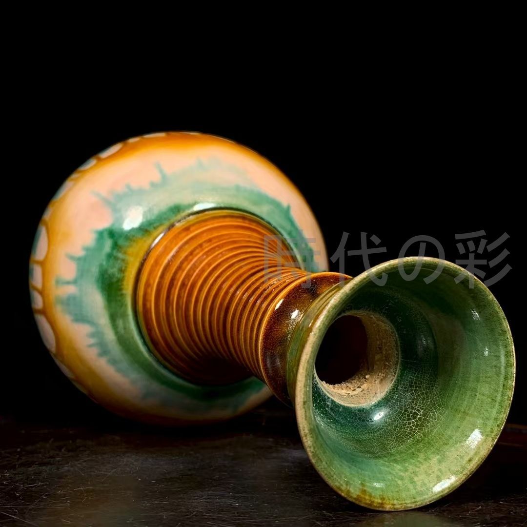 中国古美術 旧蔵 唐 三彩 弦文 瓶 古陶磁器 花瓶 書斎飾り 中国古玩 唐物 古賞物 時代物 R07092313 WWW_IBETON_RU