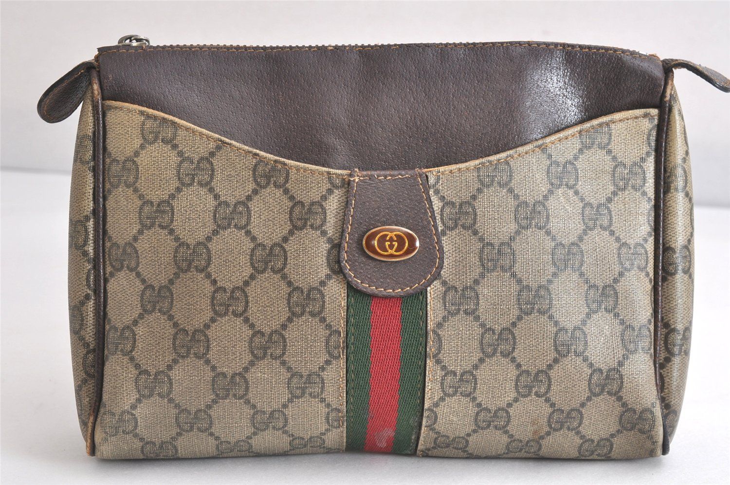 GUCCI グッチ ウェブ シェリーライン クラッチハンドバッグ GGピーブイシー レザー ブラウン ジャンク 2800N