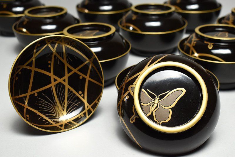 蔵A4909a 木製蒔絵 蝶草図 吸物椀 汁碗 十客