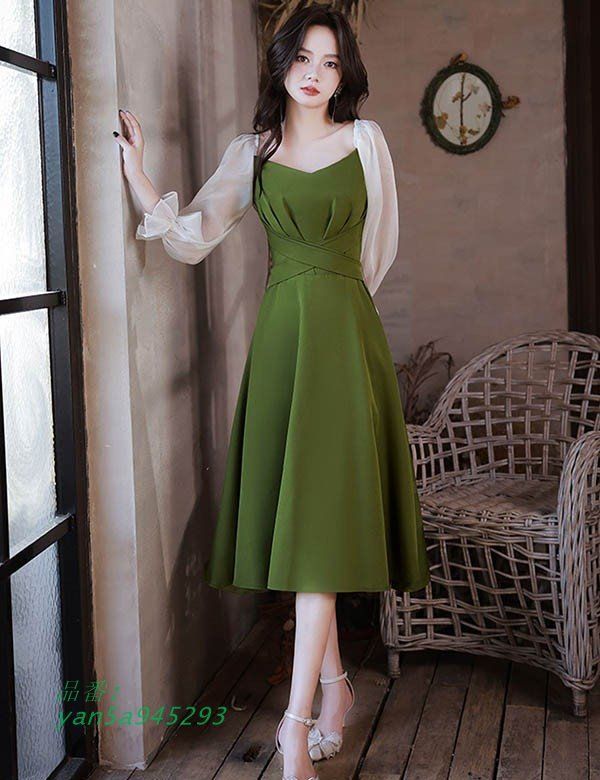 品質保証で、高速配送！ ミモレドレス ひざ下丈ドレス 演奏会 ピアノ 発表会 ブラック 袖あり 肩出し ファスナー 袖付き グリーン フェミニン 緑 ラウンドネック 黒 yan5a945293