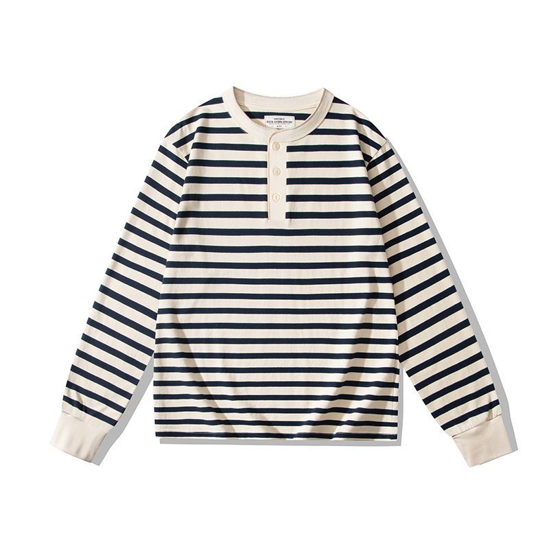 OKONKWO　アメカジ　henry shirt  TEE　  ボーダー柄　ボタン付き　丸襟　 カジュアル　コットン　メンズ　Ｔシャツ　春秋