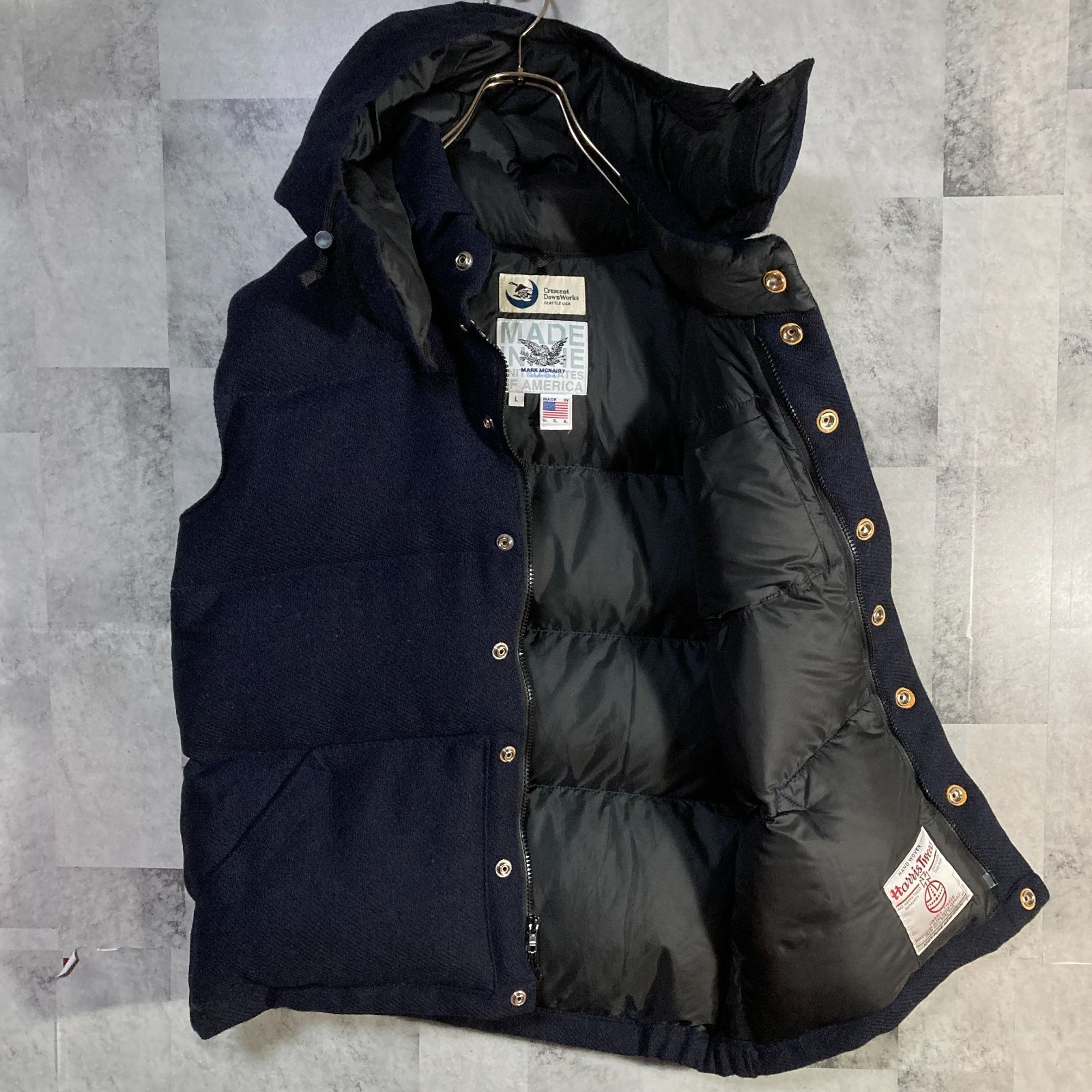 Crescent Down Works クレセントダウンワークス ハリスツイード ダウンベスト フーディ 2WAY ネイビー L マークマクナイリー別注 KANDAIZUMI_COM