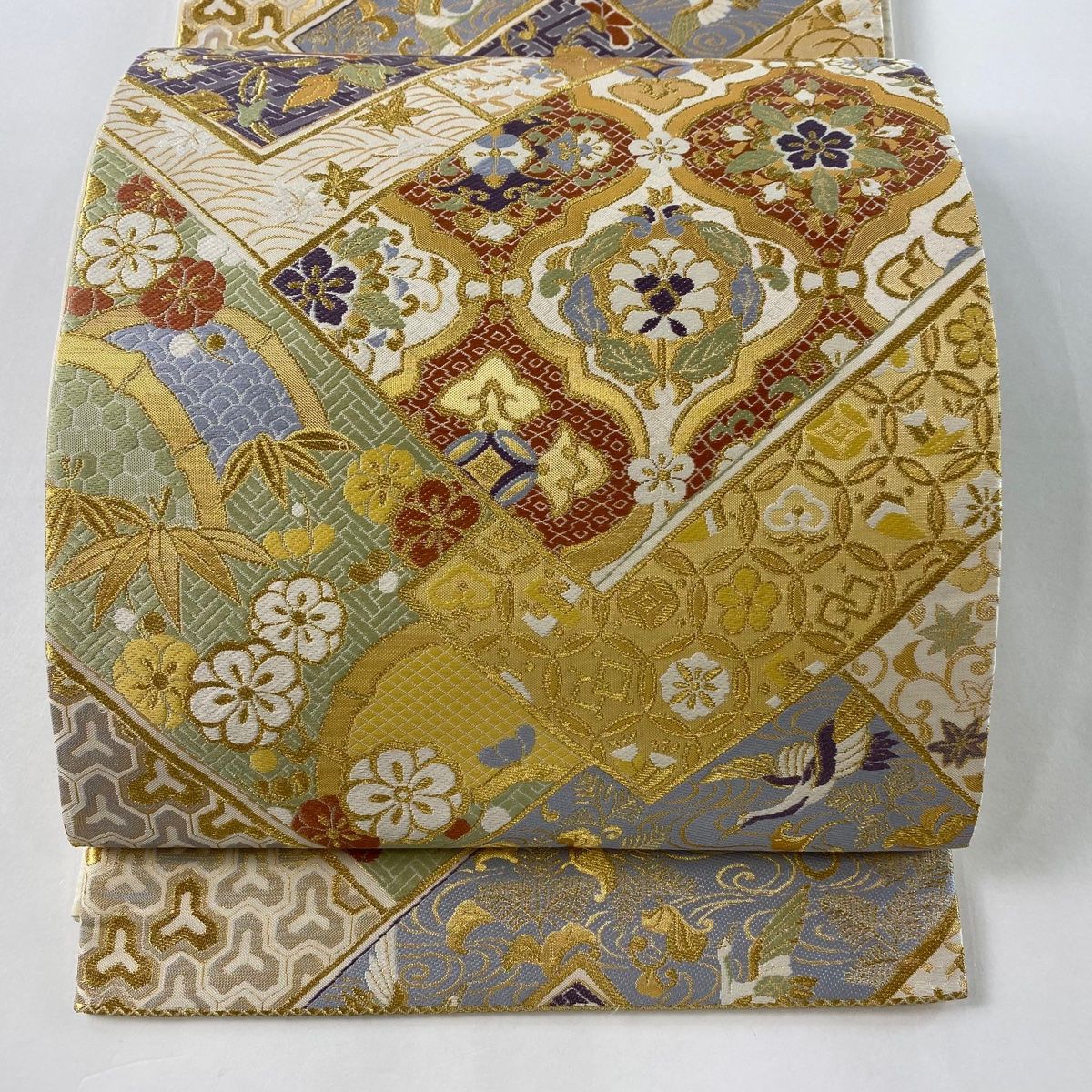 袋帯 美品 秀品 千弐百細密織 華文 松竹梅 金糸 箔 クリーム 六通 正絹 