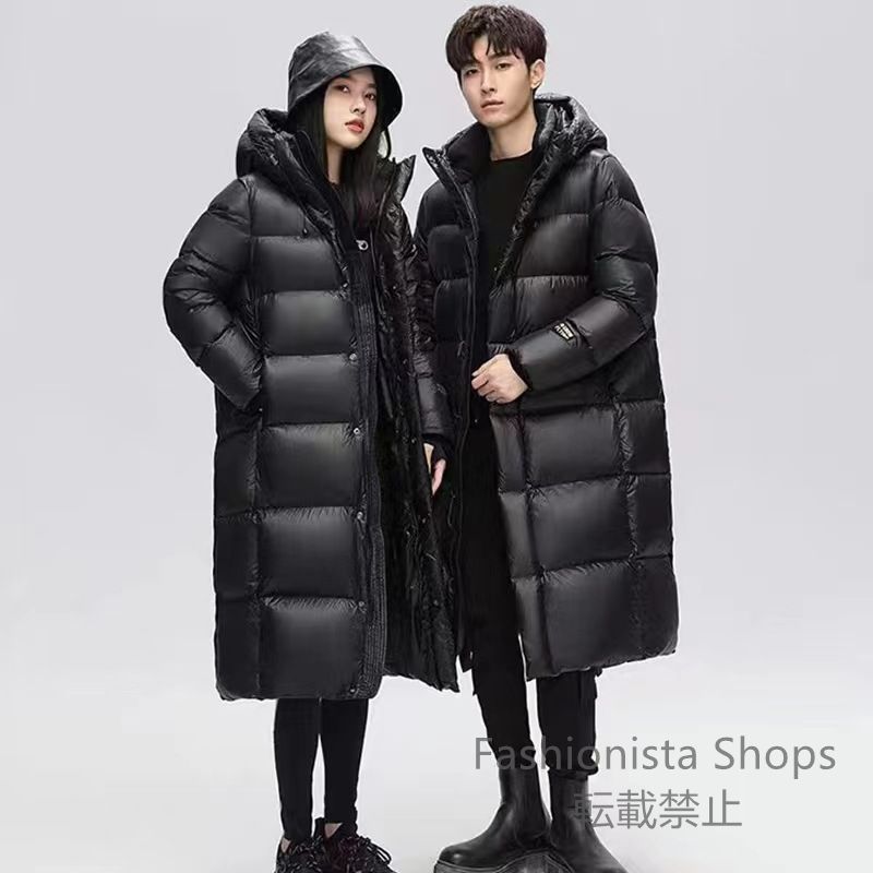 【新品未使用】カップル男女同じスタイル しい光沢のある無洗浄ブラックゴールドロングルーズ膝上肥厚ホワイトダックダウンジャケットトレンディcp42