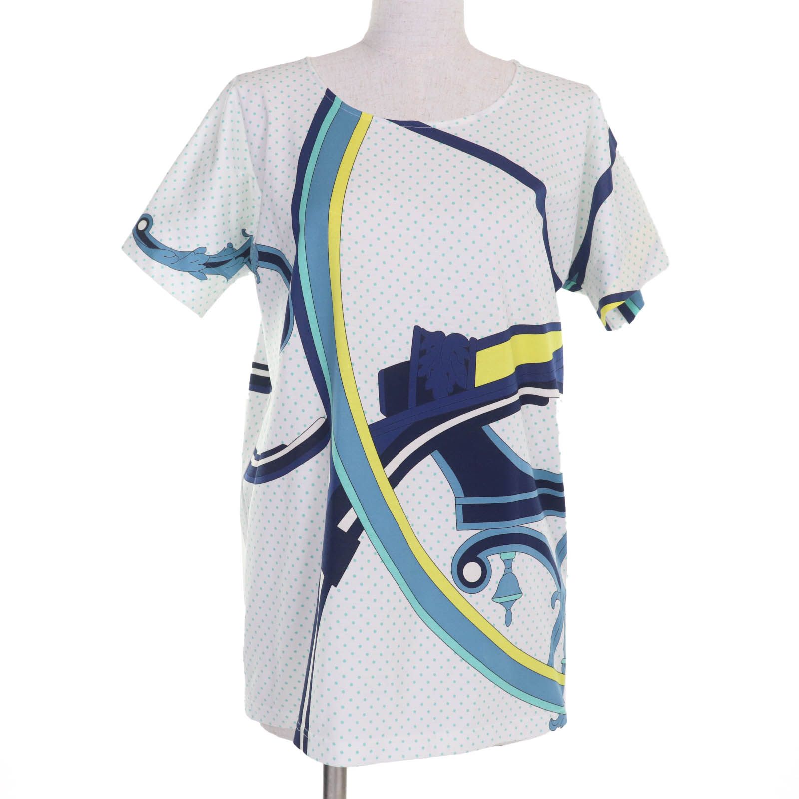 ♥品 HERMES エルメス コットン100％ カットソー 半袖Ｔシャツ トップス ホワイト ブルー系 34 フランス製 正規品 レディース