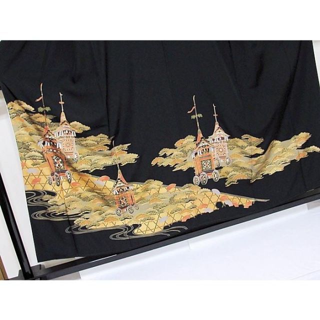 黒留袖 正絹比翼 刺繍 祇園祭絵図 垣に流に松 153cm前後ベスト 美品 ガードタグ