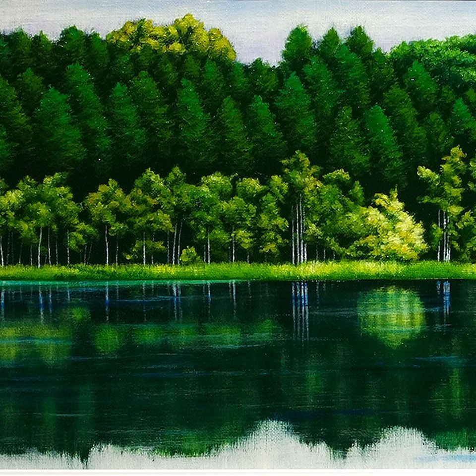 油彩画 里中游 「湖畔」 WF3号 油絵 ヨコ長の絵 横 風景画 肉筆
