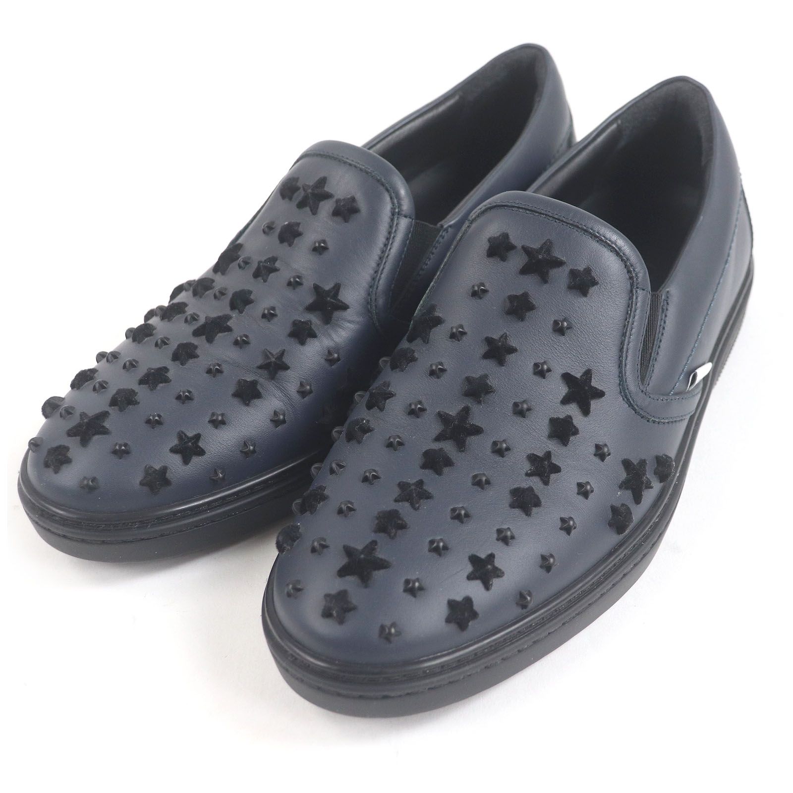 ドンドン見直し □JIMMY CHOO ジミーチュウ レザー スターベロアスタッズ ローカットスニーカー スリッポン ダークネイビー 43 イタリア製 メンズ