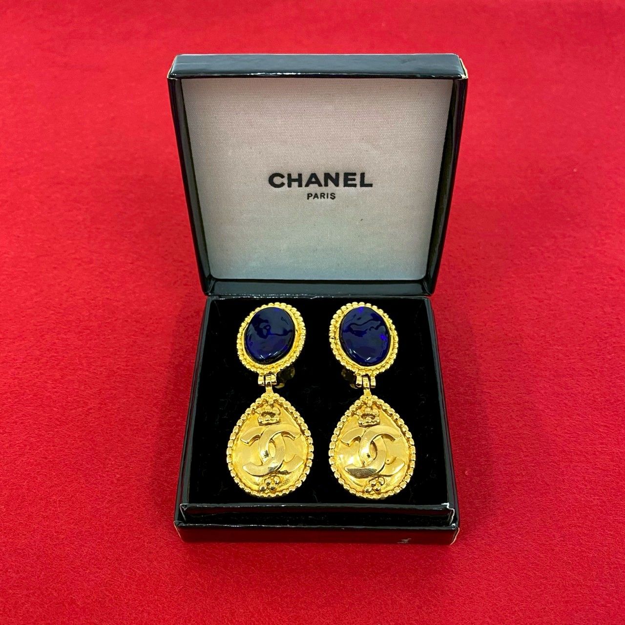 コメあり 96A CHANEL シャネル ヴィンテージ グリポア ココマーク カラーストーン イヤリング ゴールド ブルー 59896