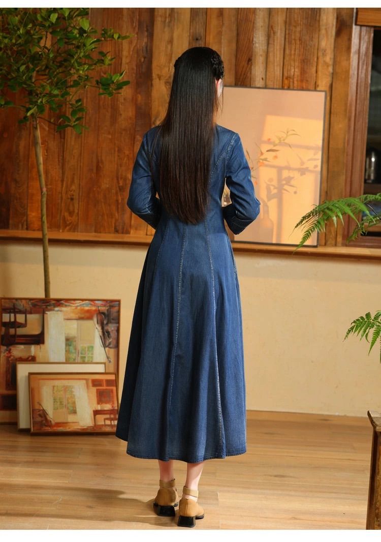 秋 ガウンワンピース 大きいサイズ レトロ レトロワンピース レディース デニムワンピース シャツワンピース シャツワンピ Vネック デニム 刺繍 エスニック 9分袖 長袖 ロング 前開 ワンピース きれいめ 大人かわいい 30代 40代 50代