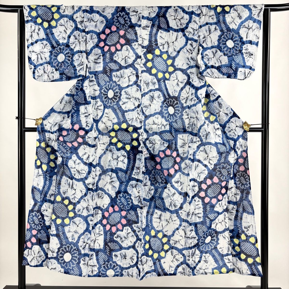 浴衣 身丈149cm 裄丈62.5cm S 絞り浴衣 草花 幾何学 青 綿 名品
