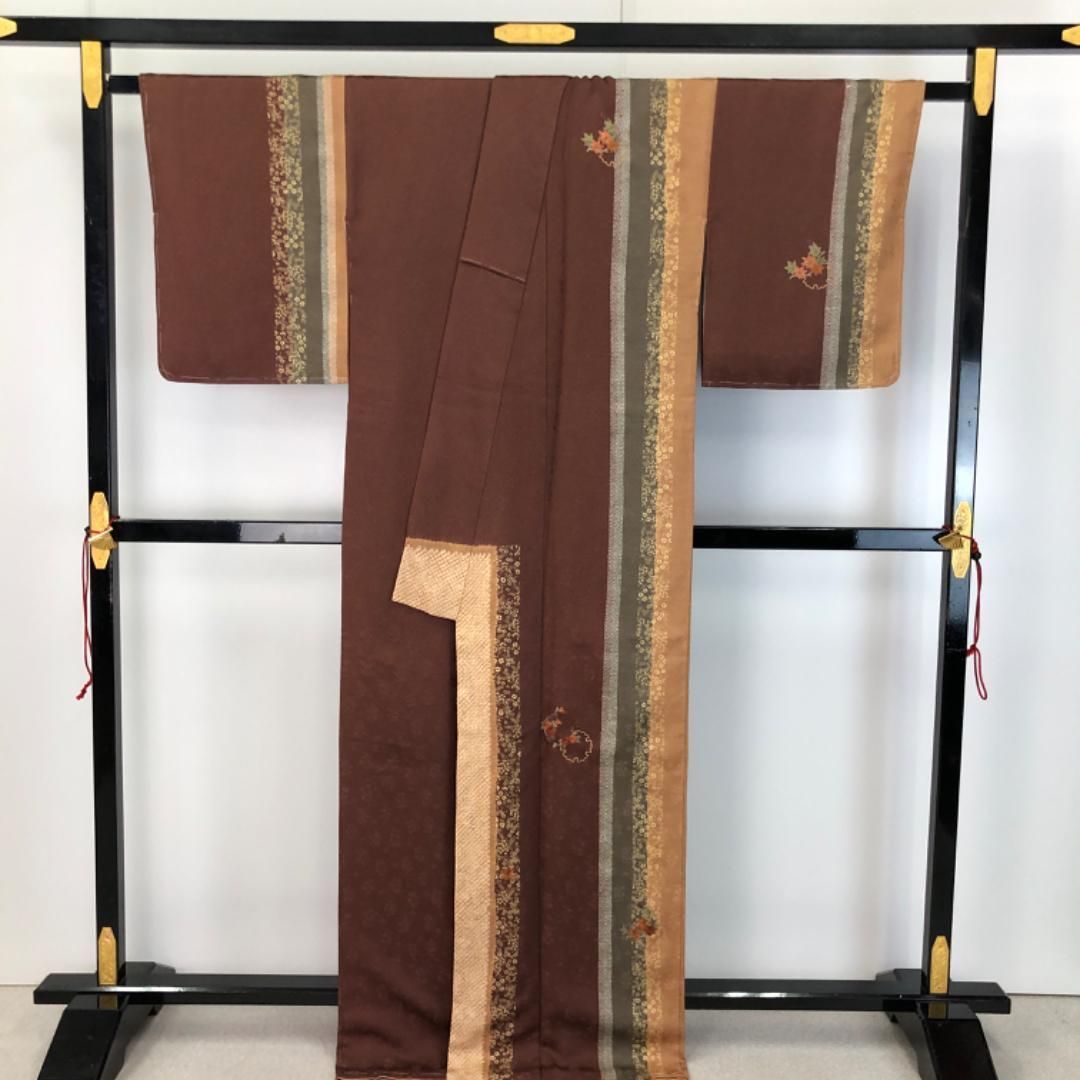 付下げ 刺繍の独楽柄 格子模様 藍錆色 ガード加工 しつけ糸 K-4750 付下げ 刺繍の独楽柄 格子模様 藍錆色 ガード加工 しつけ糸 K-4750