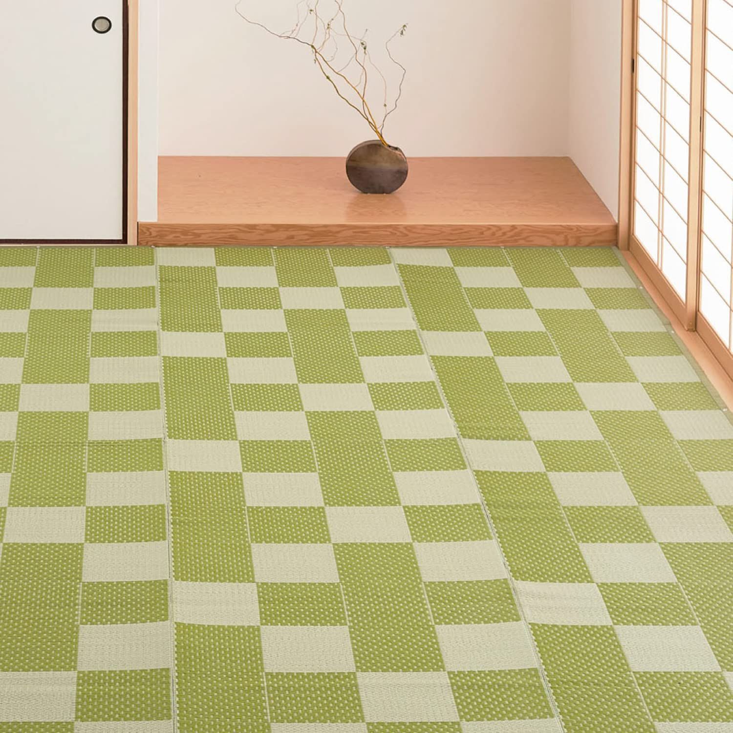 萩原 洗える い草風カーペット グリーン 本間8畳 約382X382cm 「矢倉」 ラグ 花ござ モダン 和風 市松柄