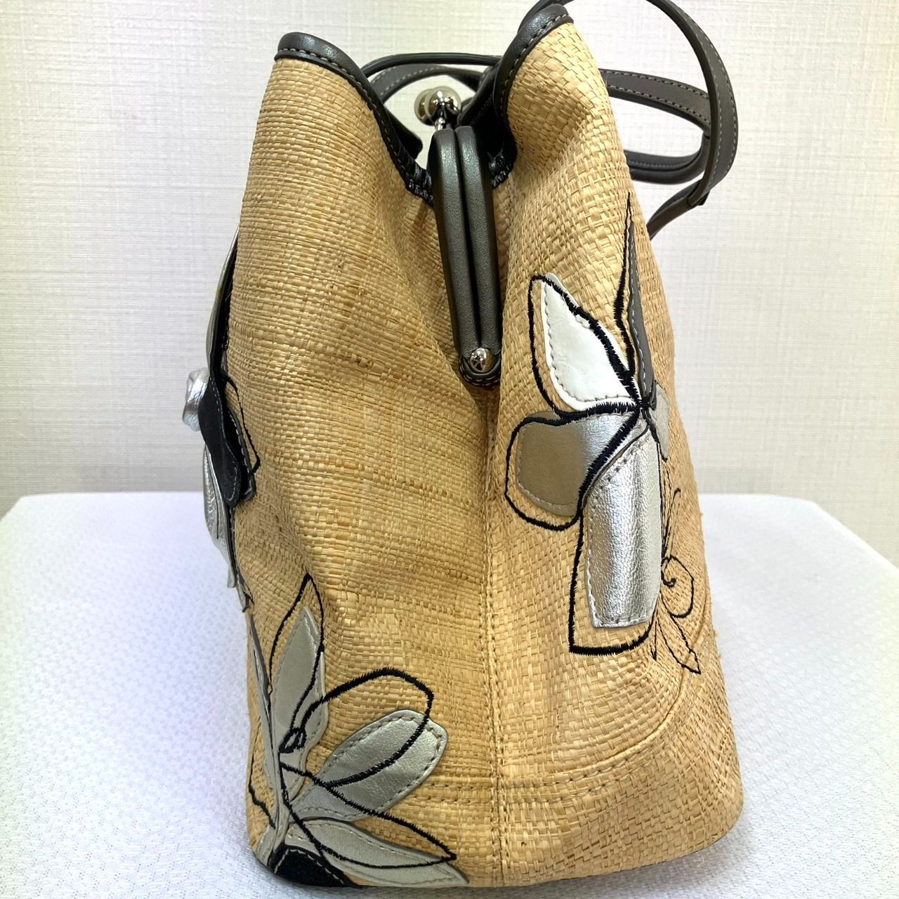 COACH がま口 トートバッグ ストロー フラワー ハンプトンズ