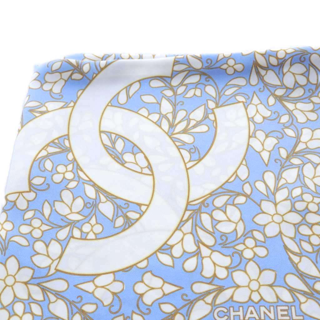 シャネル フローラル シルク スカーフ ロゴ 白 ホワイト 水色