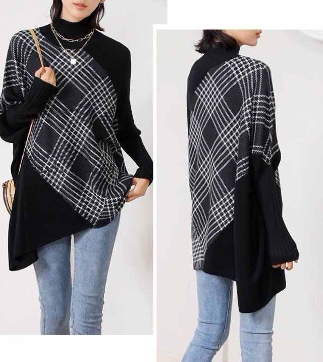 ニット レディース 秋冬 トップス 長袖 チェック 3L 切り替えトップス ハイネック ゆったり 冬 大きいサイズ 秋 アシンメト体型カバー 4L hax5v781668 WWW_USTAUSTRALIA_COM_AU