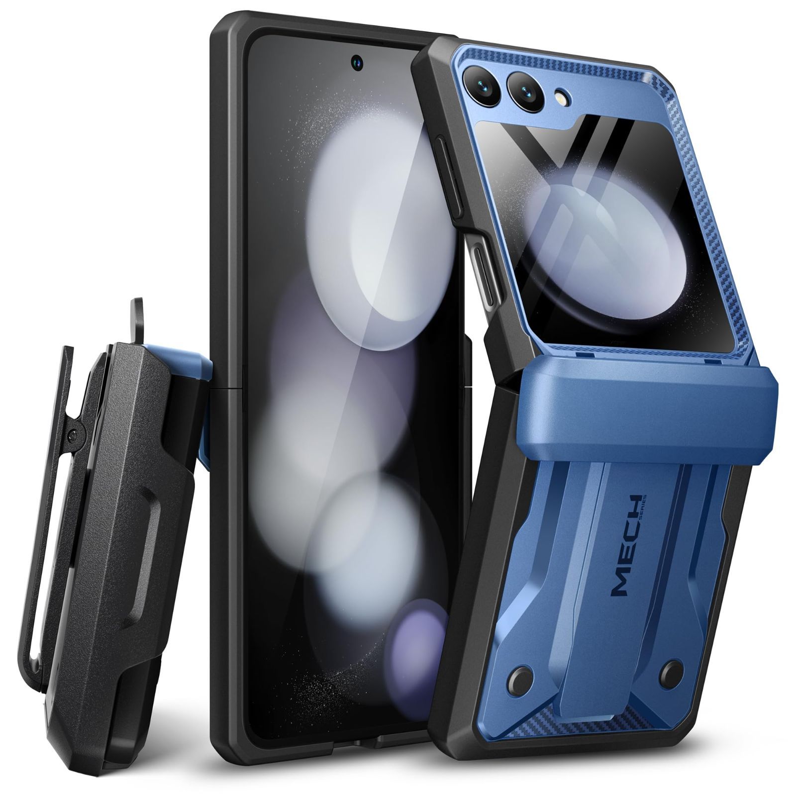 【在庫セール】Z Flip Galaxy 5 Samsung ケース（2023）、［ヒンジ保護］［外画面保護器と隠し脚を内蔵］軍用級防振携帯ケース Tongate ベルトクリップ、ブルー