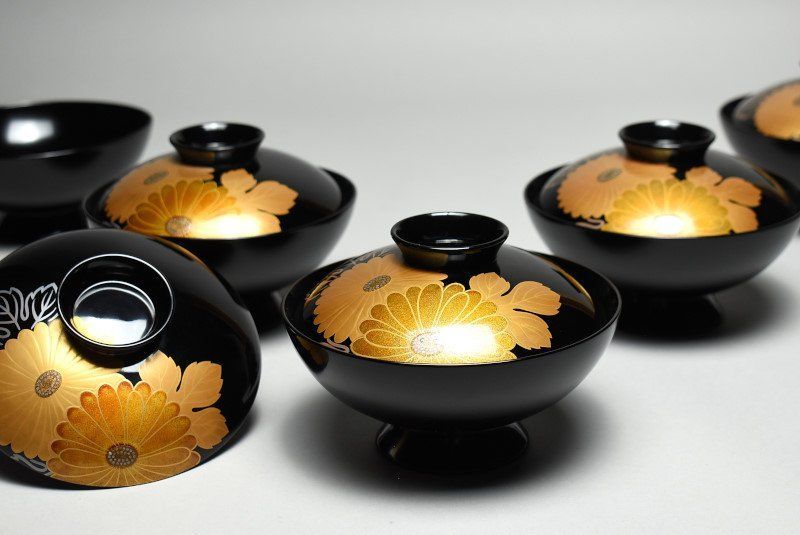 蔵A4137c 輪島塗 蒔絵菊花図 菓子椀 五客