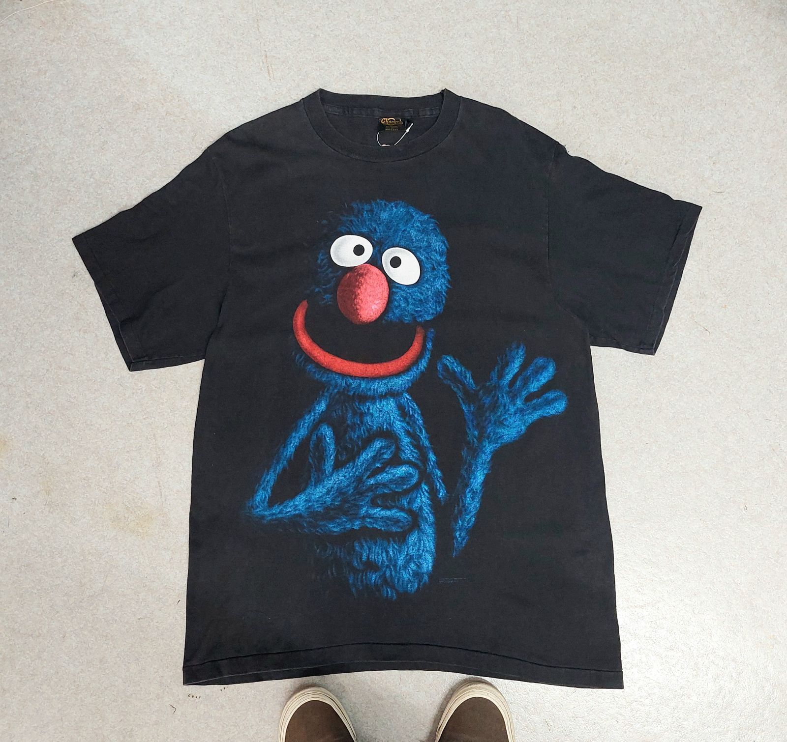 90's USA製 SESAME STREET GROVER BLACK OUT SHADOW Tシャツ セサミ