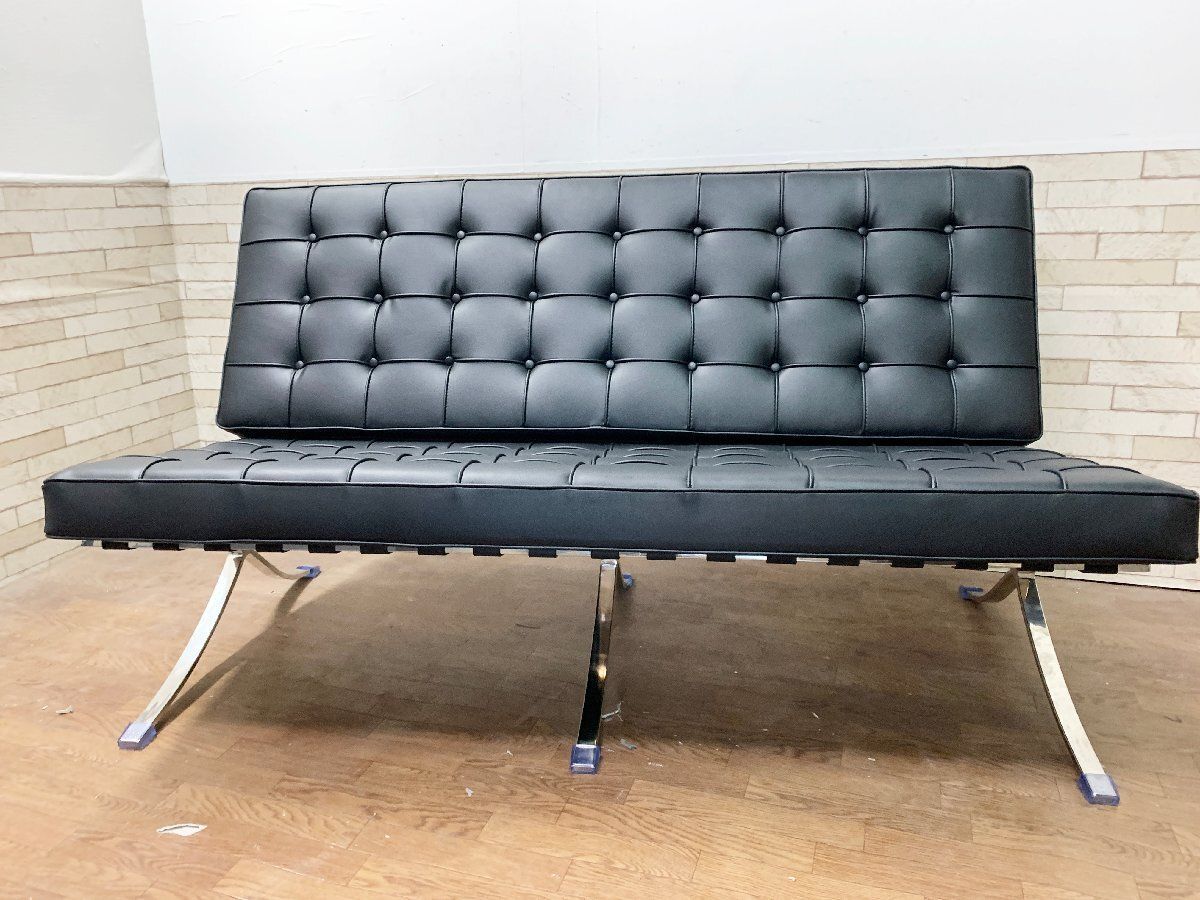 IDC大塚取扱 バルセロナチェア リプロダクト 2人掛け ラブソファ スムース 2P 腰掛 革 ブラック ミースファンデルローエ 畑1101