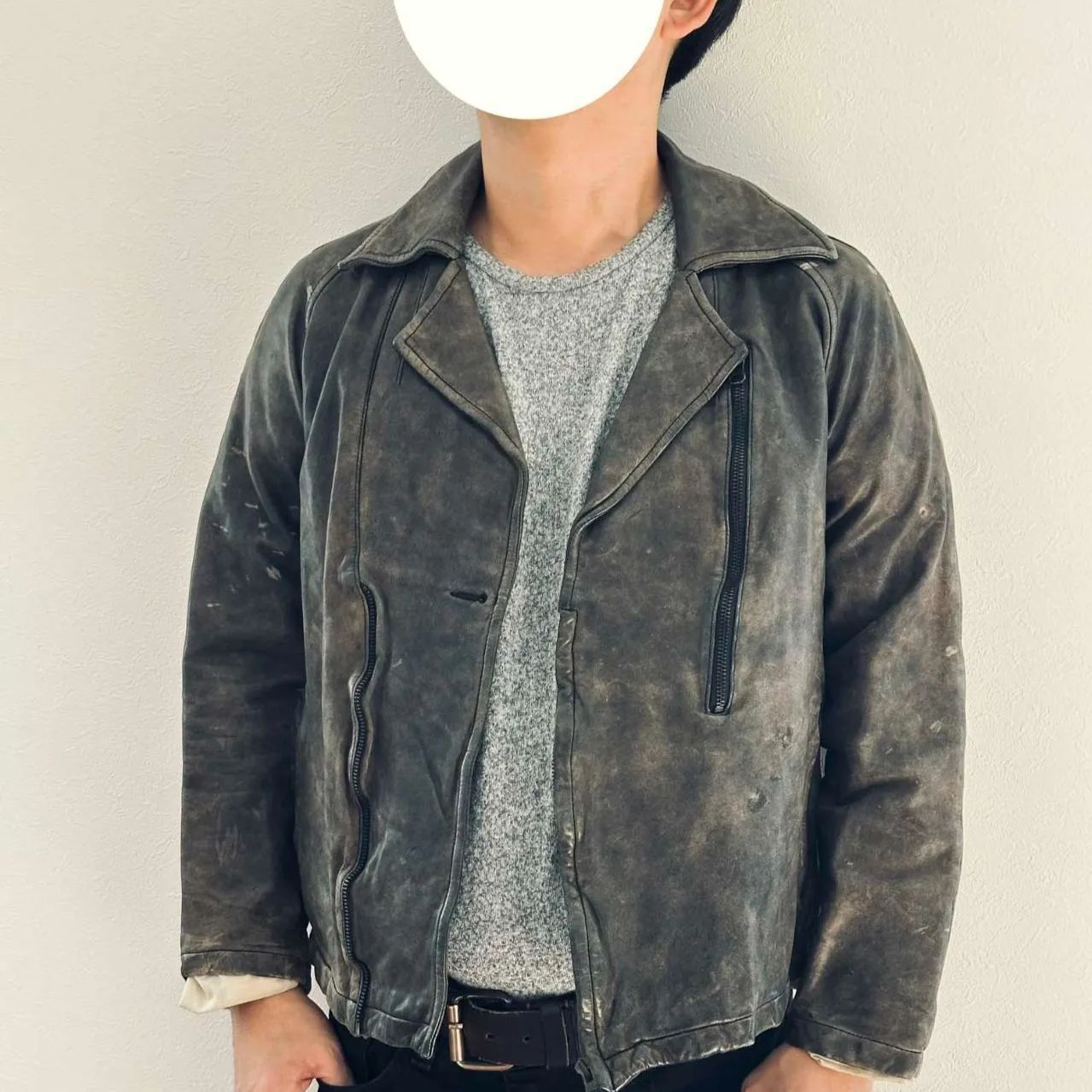 【個性派古着】革ジャン　本革　こげ茶　中綿入り　レザージャケット　大きめ　　L 個性派古着】革ジャン 本革 こげ茶 中綿入り レザージャケット