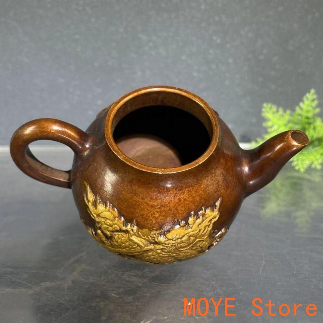 銅 細工 浮彫り麒麟茶壺 手把壺 茶壺 酒壺 水筒 工芸品 美術品
