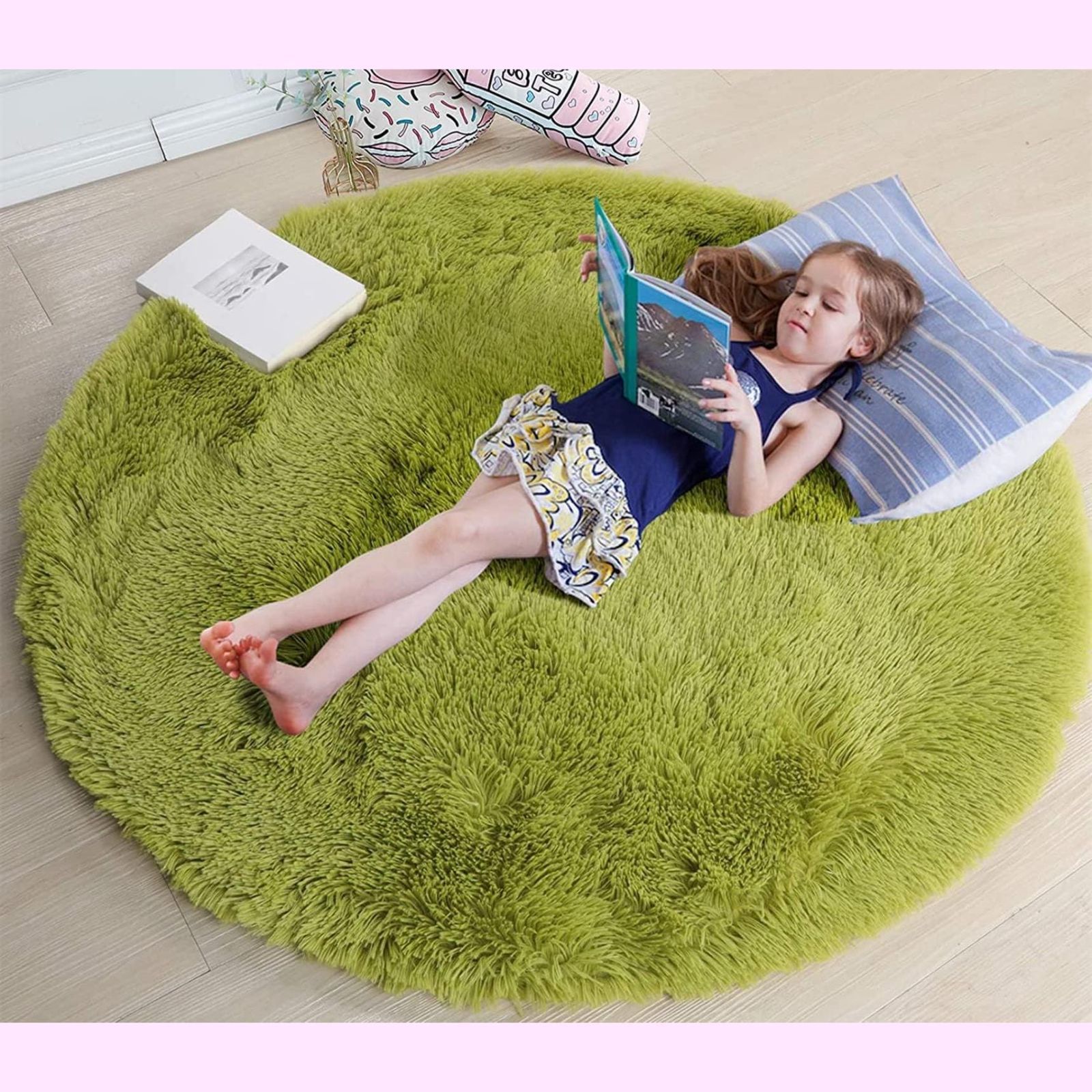 Color:グリーン_Size:円形(直径180cm) CLYLIFE 北欧風シャギーラグ 洗える&滑り止め付 防音・抗菌・防ダニ・防臭 床暖房対応 オールシーズン快適 使用全厚4cm 冬季冷暖房対策に極厚 (グリーン, 円形(直径180cm))